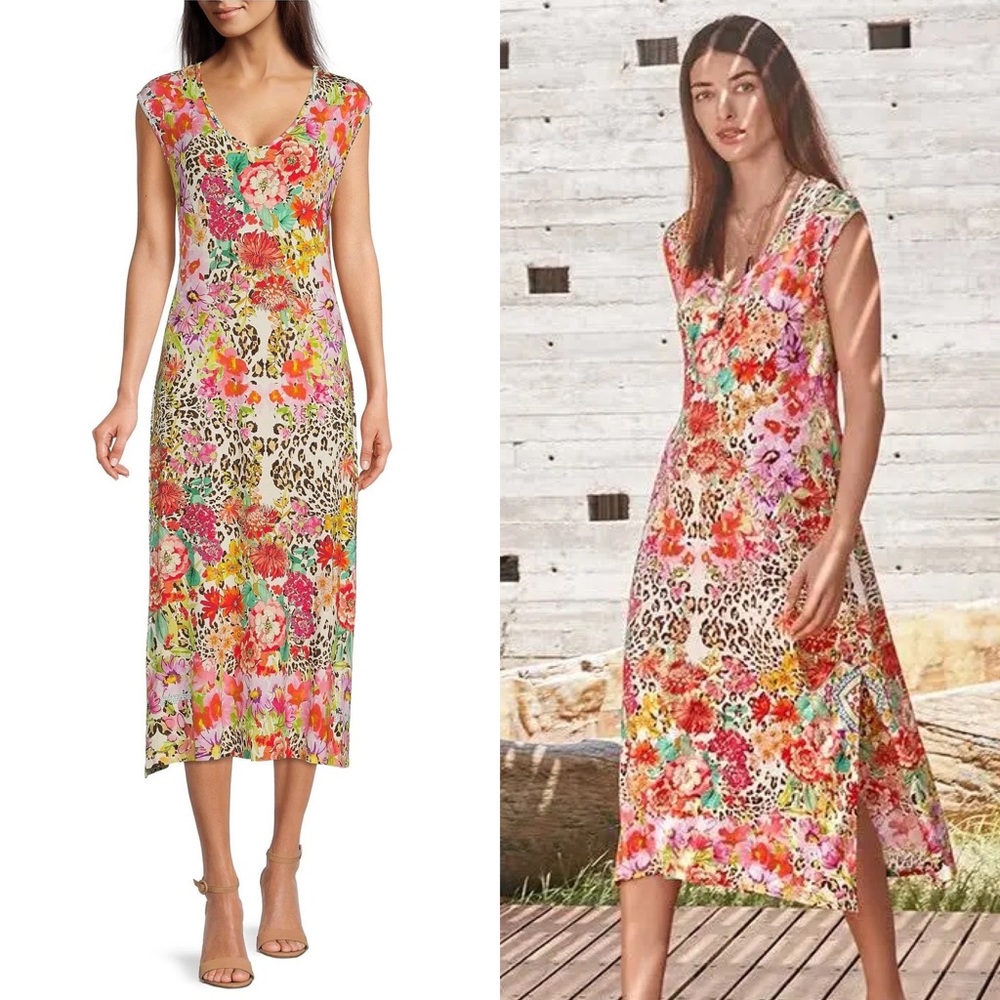 Johnny Was Floral Leopard Print Midi Dress - Multicolor